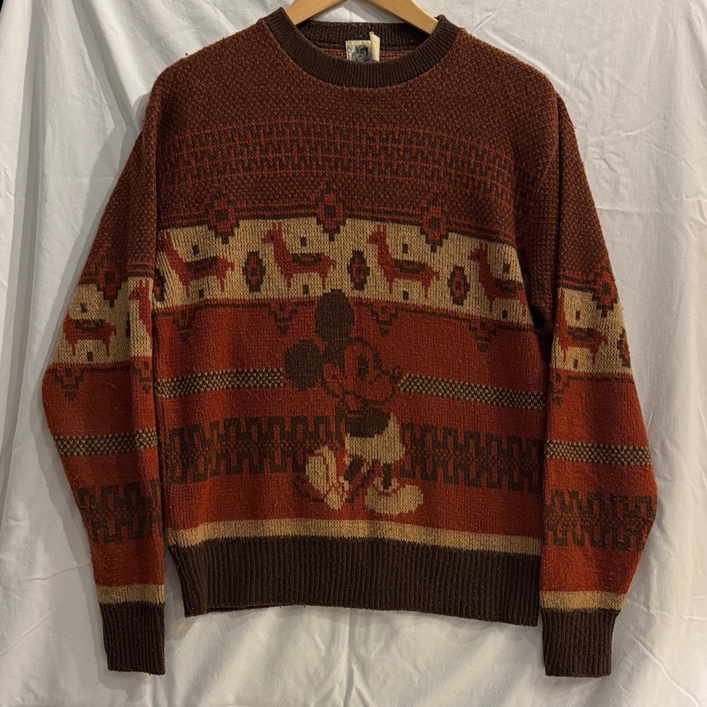 Vintage 80s Disney Crewneck Sweater with Mickey Mouse in Brown and Tan